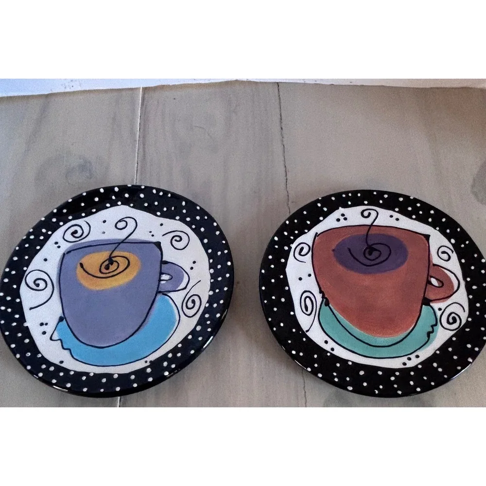 Joanne deLomba for Lotus Whimsical Coffee Cup Salad Plates Set of 2 Black 8 Inch